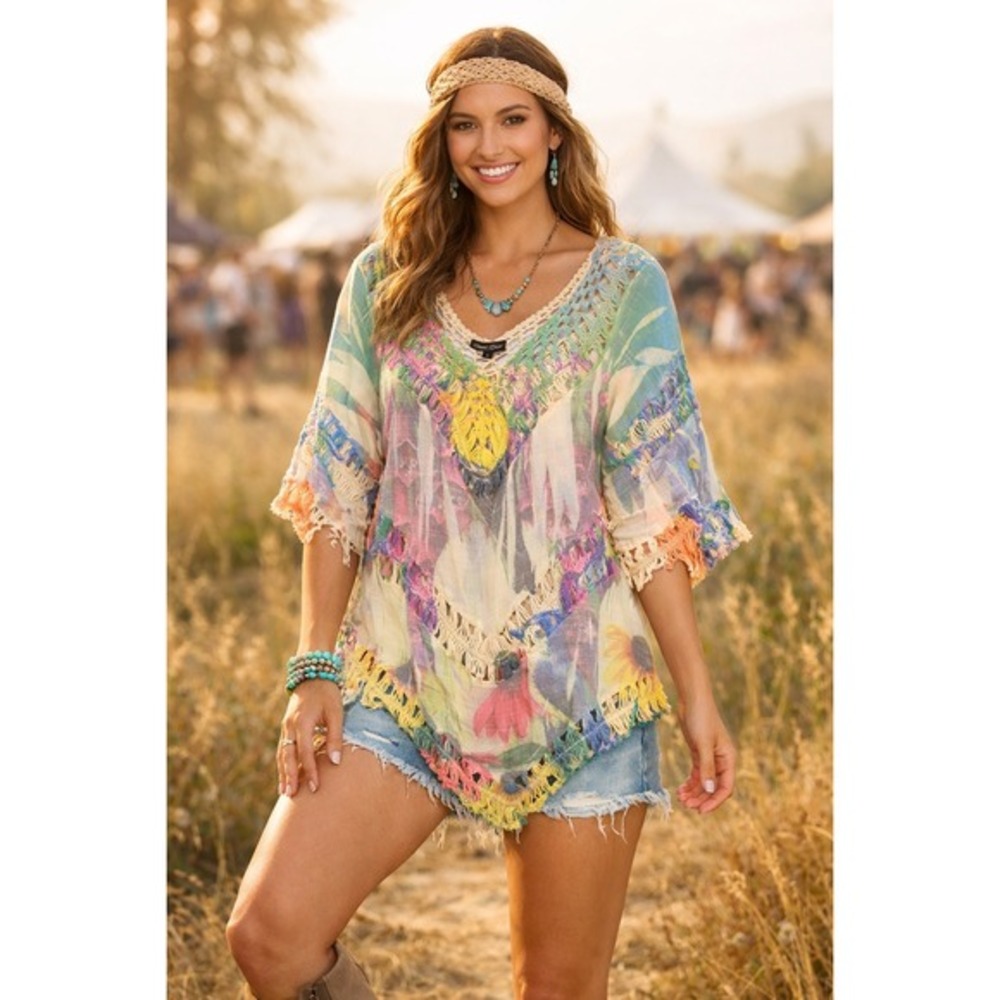 Dor Dor Couture Tunic Top Crochet Multicolor Pastel Women S Floral Boho Festive